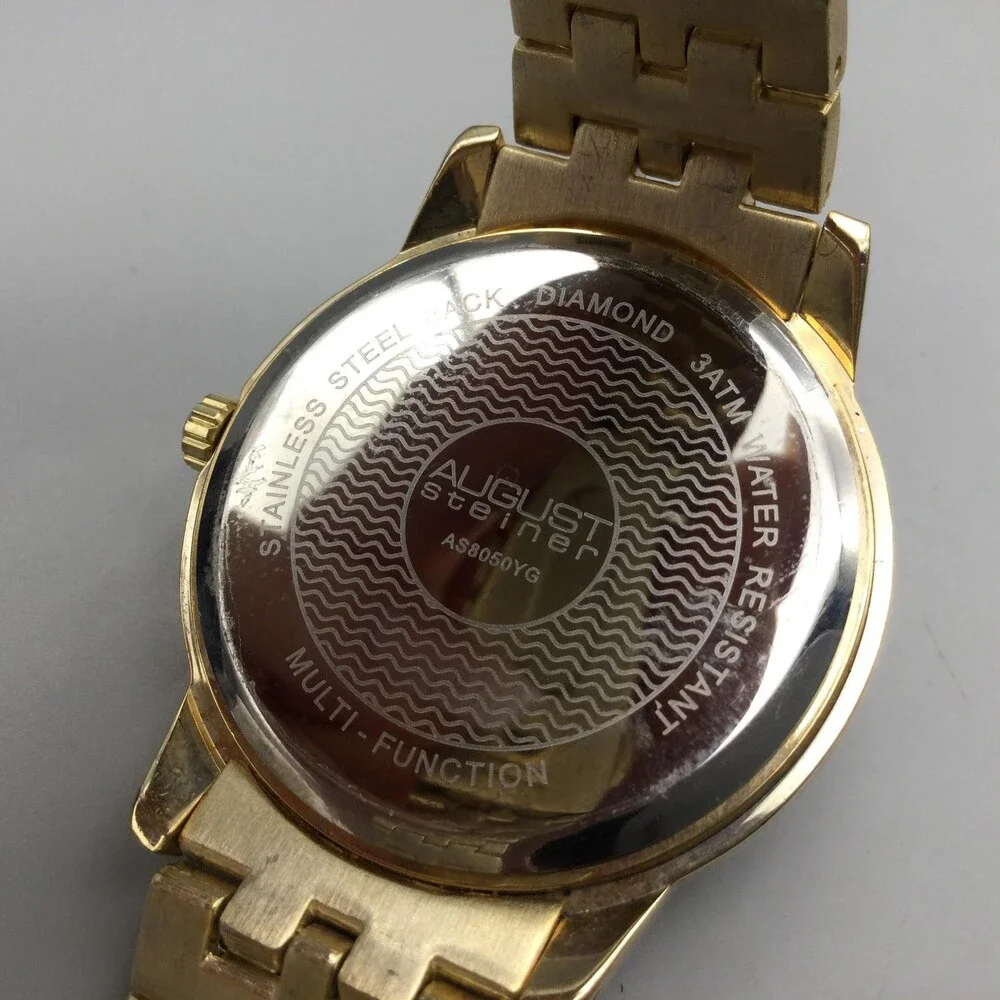 August Steiner Men Watch 40mm Gold Tone Multi-Function Moon Phase New Battery 9